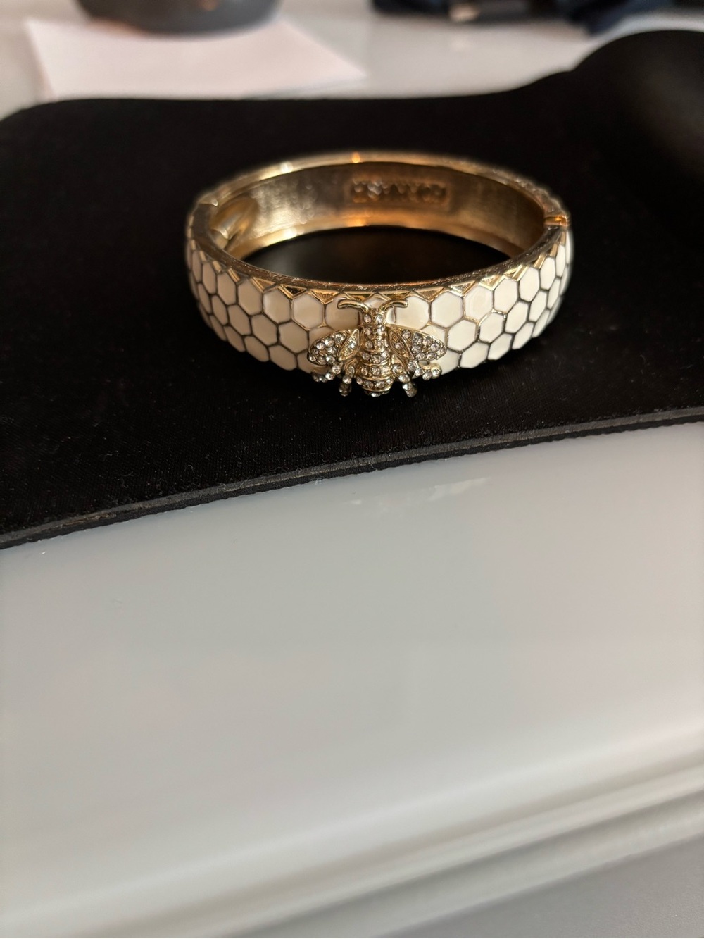 Fornash White Gold Honeycomb Bangle Bracelet with Bee Accent
